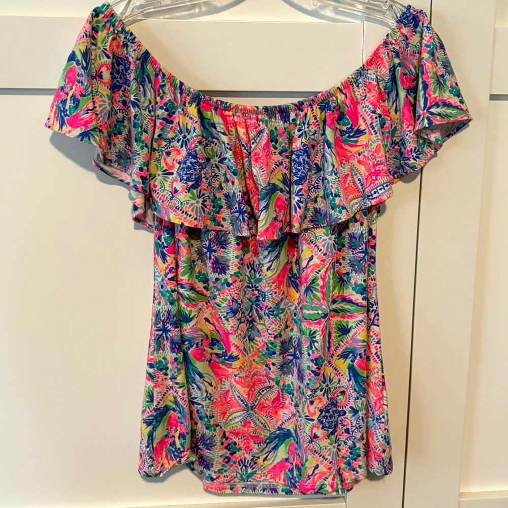 Lilly Pulitzer Women's Pink Colorful Cotton Blend Off the Shoulder Top Size M
